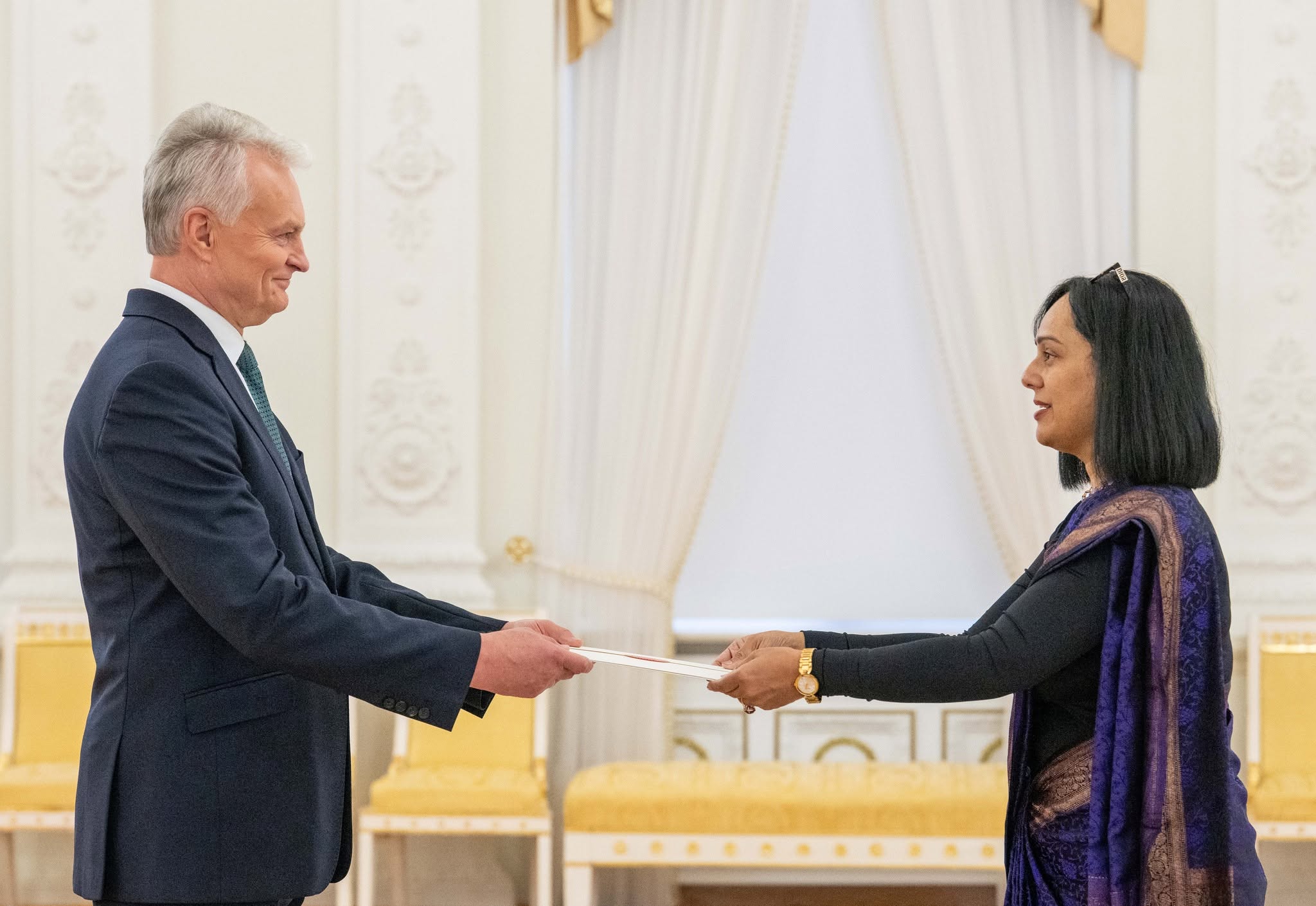Ambassador Geetika Srivastava presented her Letter of Credence to H.E. Mr. Gitanas Nausėda, President of the Republic of Lithuania on October 28, 2026.